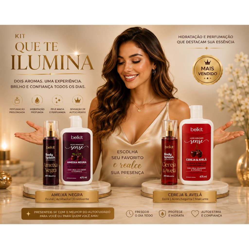 Hidratante Corporal e Body Splash Belkit Hidratação e Perfumação Duradoura - Fragancias Ameixa Negra e Cereja & Avelã