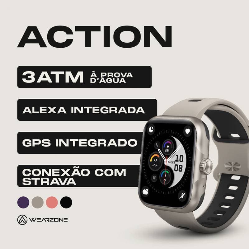 Smartwatch Action  Esportivo | GPS Integrado | Tela AMOLED | Bluetooth para Ligações | 3ATM MODO ESPORTE