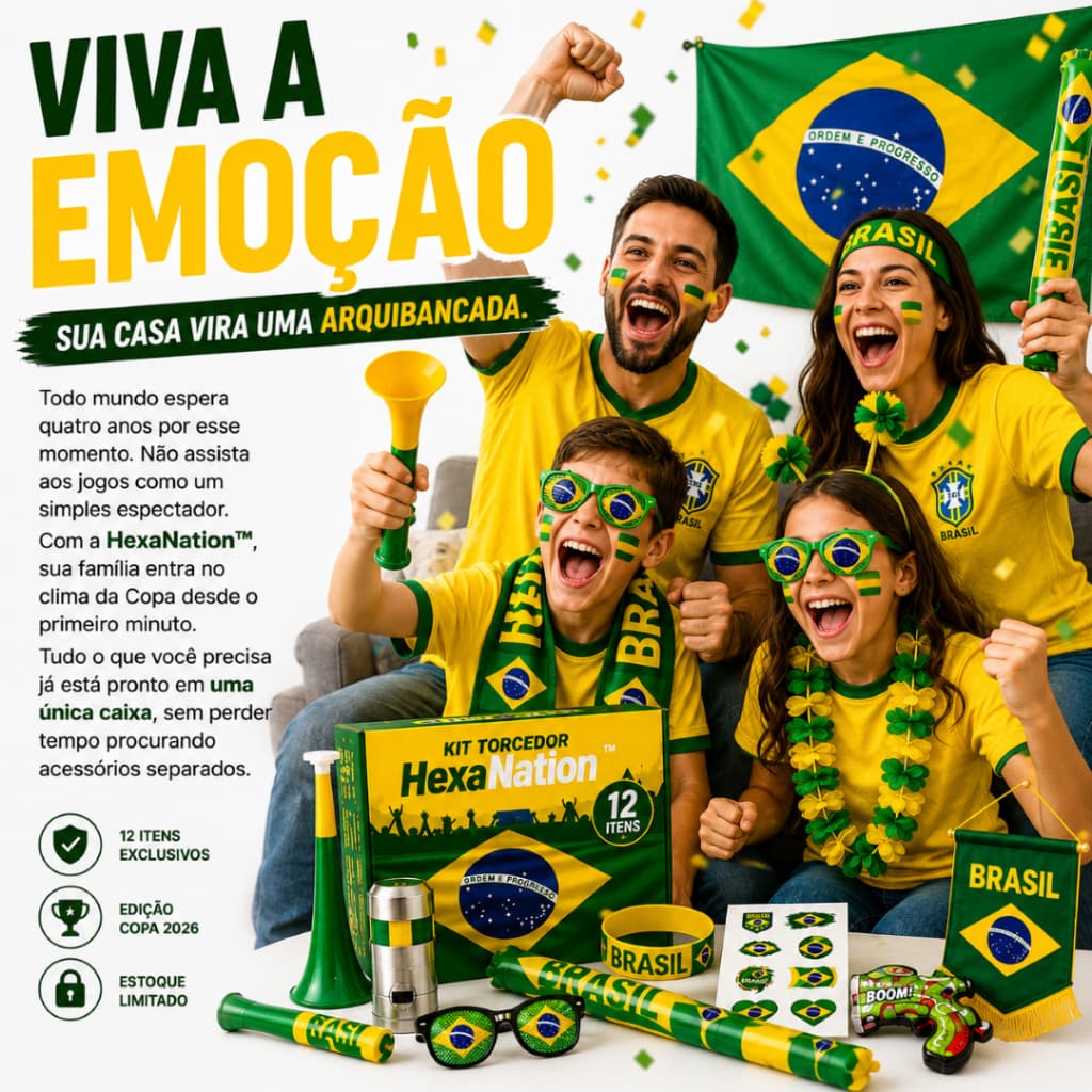 Kit Torcedor Brasil Copa 2026 Completo 12 Itens Bandeira Óculos Trompete Festa HexaNation™