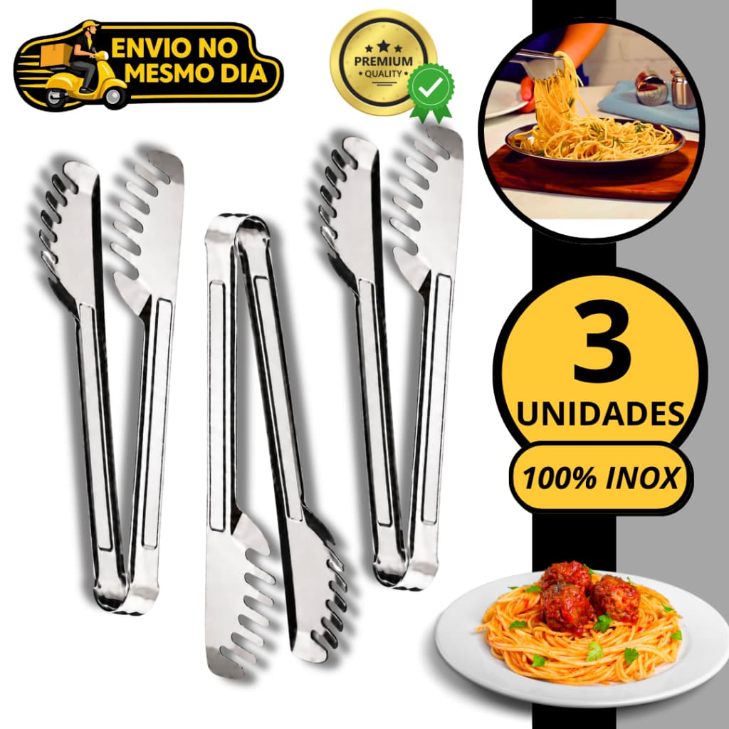 KIT 2 3 5 Pegador de Massas Alimentos 20cm 100% Aço Inox Pinça Multiuso para Massa Macarrão Salada Churrasco Cozinha