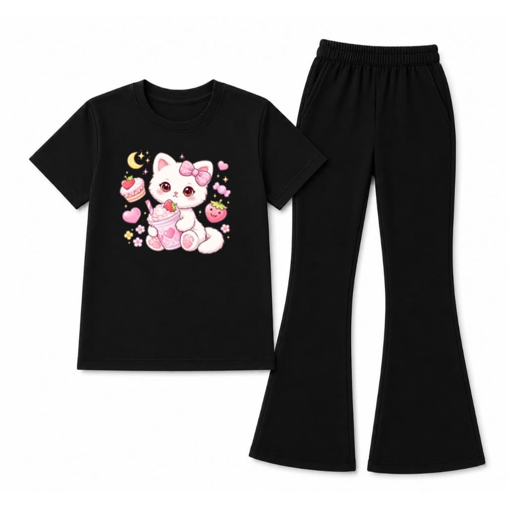 Conjunto Infantil Menina Confortavel Camiseta 100% Algodão e Calça Flare Moletom Flanelado Qualidade