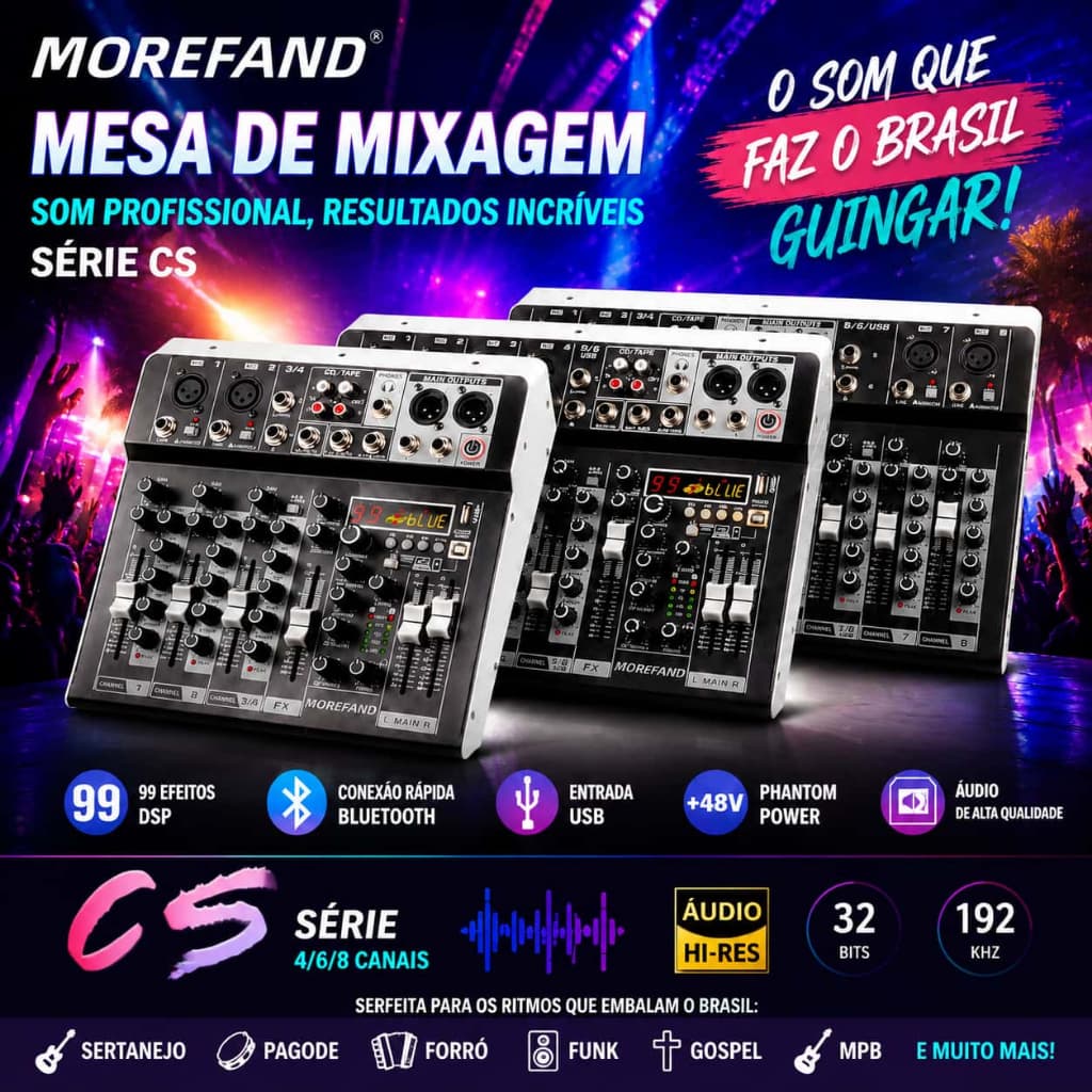 Mesa de Mixagem Profissional MOREFAND Série CS 4/6/8 Canais 99 DSP Bluetooth 5.0 Phantom 48V USB Gravação Lives
