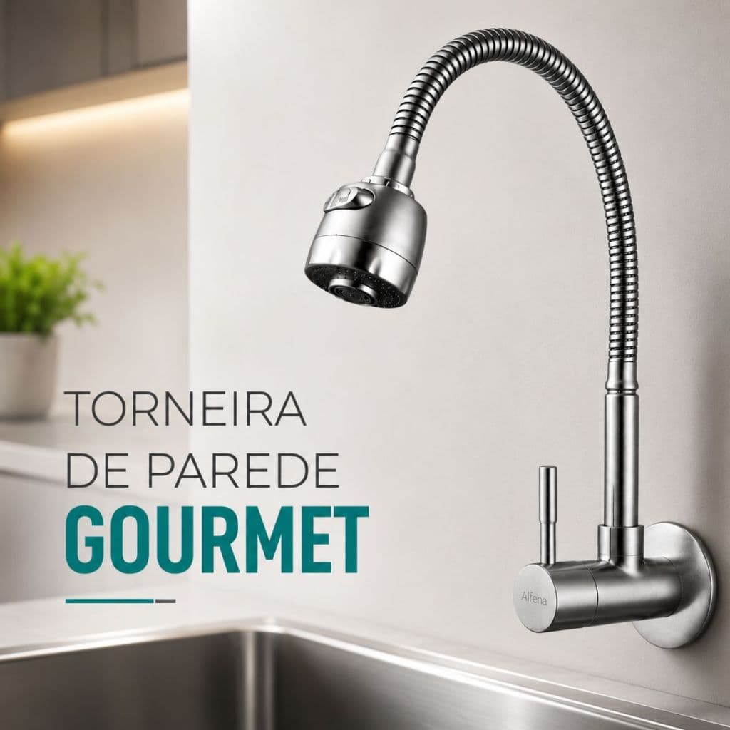Torneira Parede Gourmet Flexível Metal Cromada Fosca Aço Inox Escovado Chuveirinho Moderna