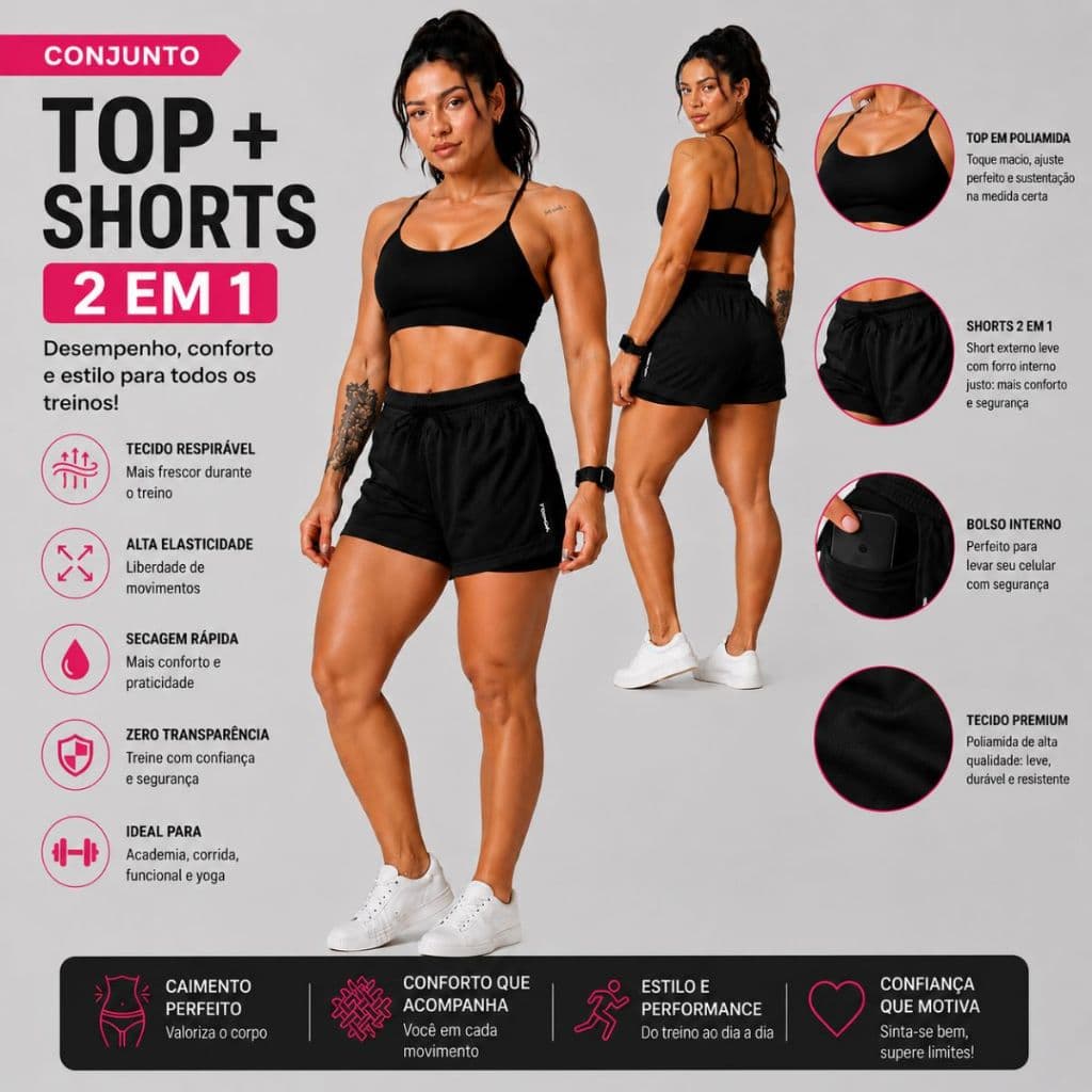 Conjunto Academia Feminino TOP Poliamida + SHORT 2em1 Treino Bolso Celular Corrida Funcional