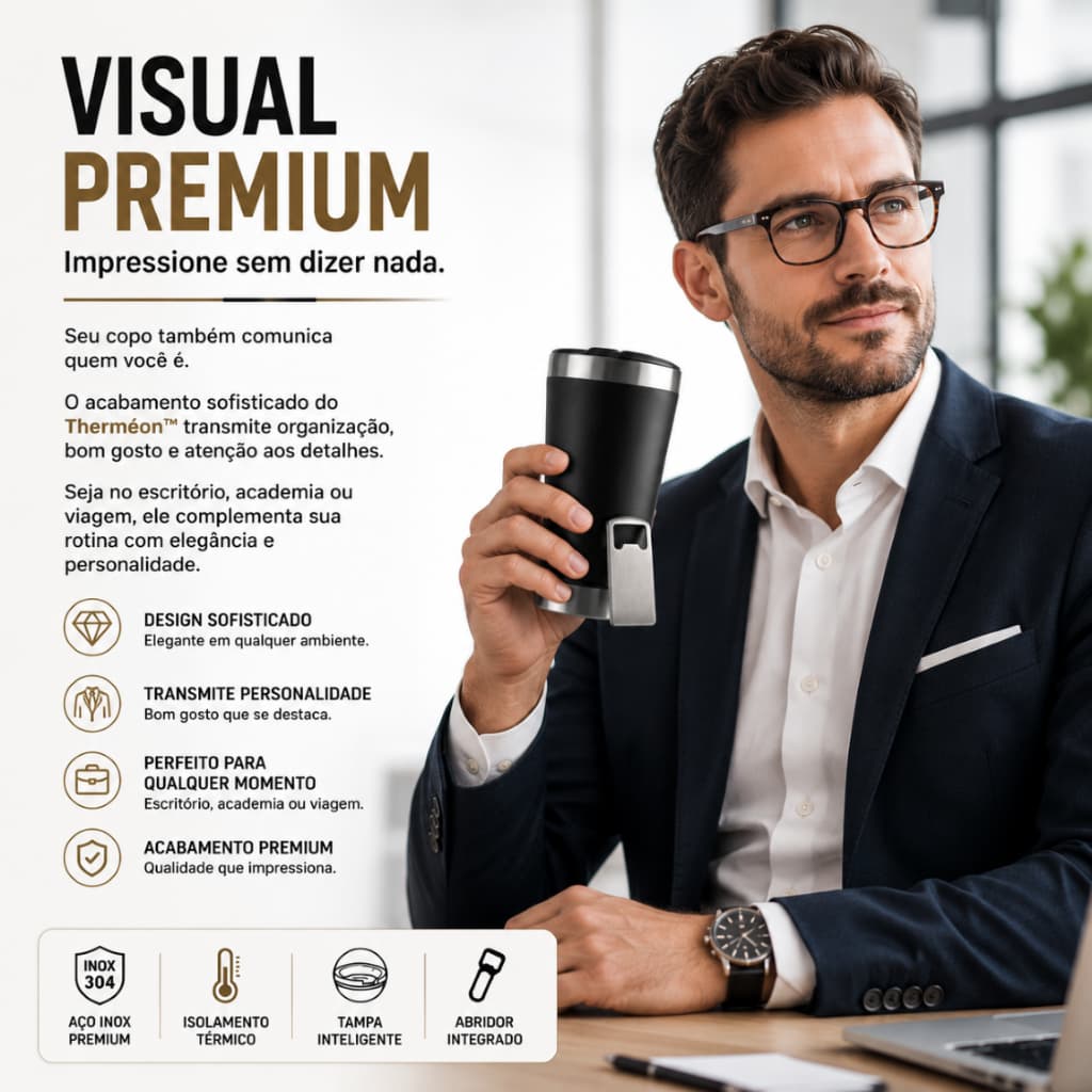 Copo Térmico Inox 473ml com Tampa e Abridor Integrado Conserva Bebidas Quentes e Frias | Preto Premium Therméon™