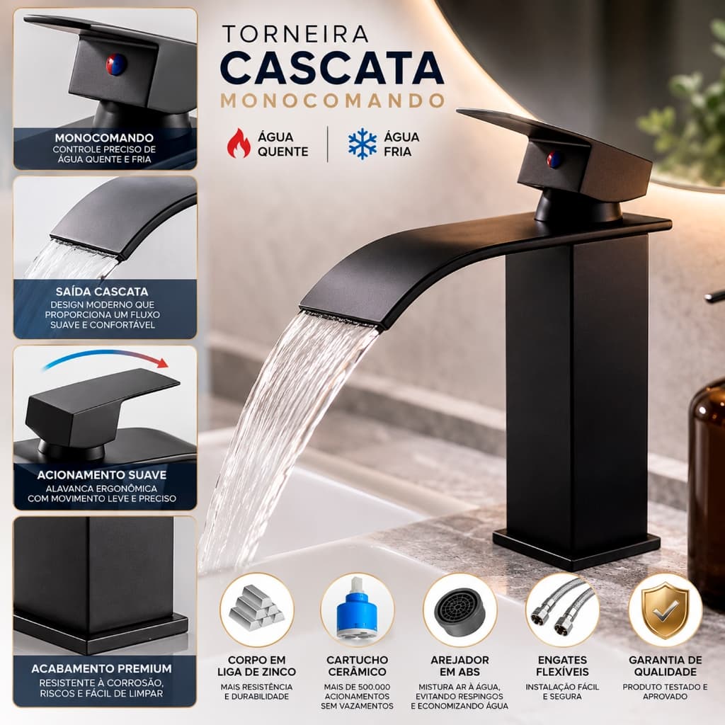 Torneira Banheiro Lavabo Cuba Alta Cascata Inox Bancada Misturador Água Fria Quente