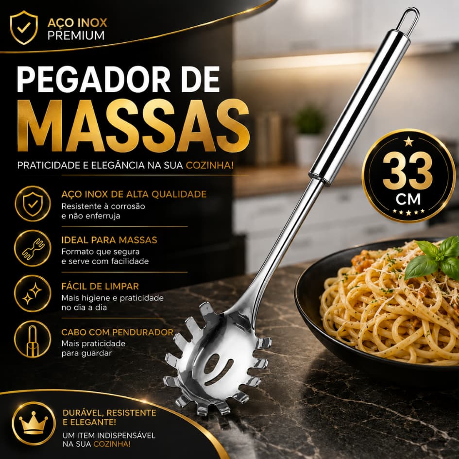 Pegador de Massas Aço Inox GRANDE  33cm Profissional Colher para Servir Espaguete Macarrão Massa