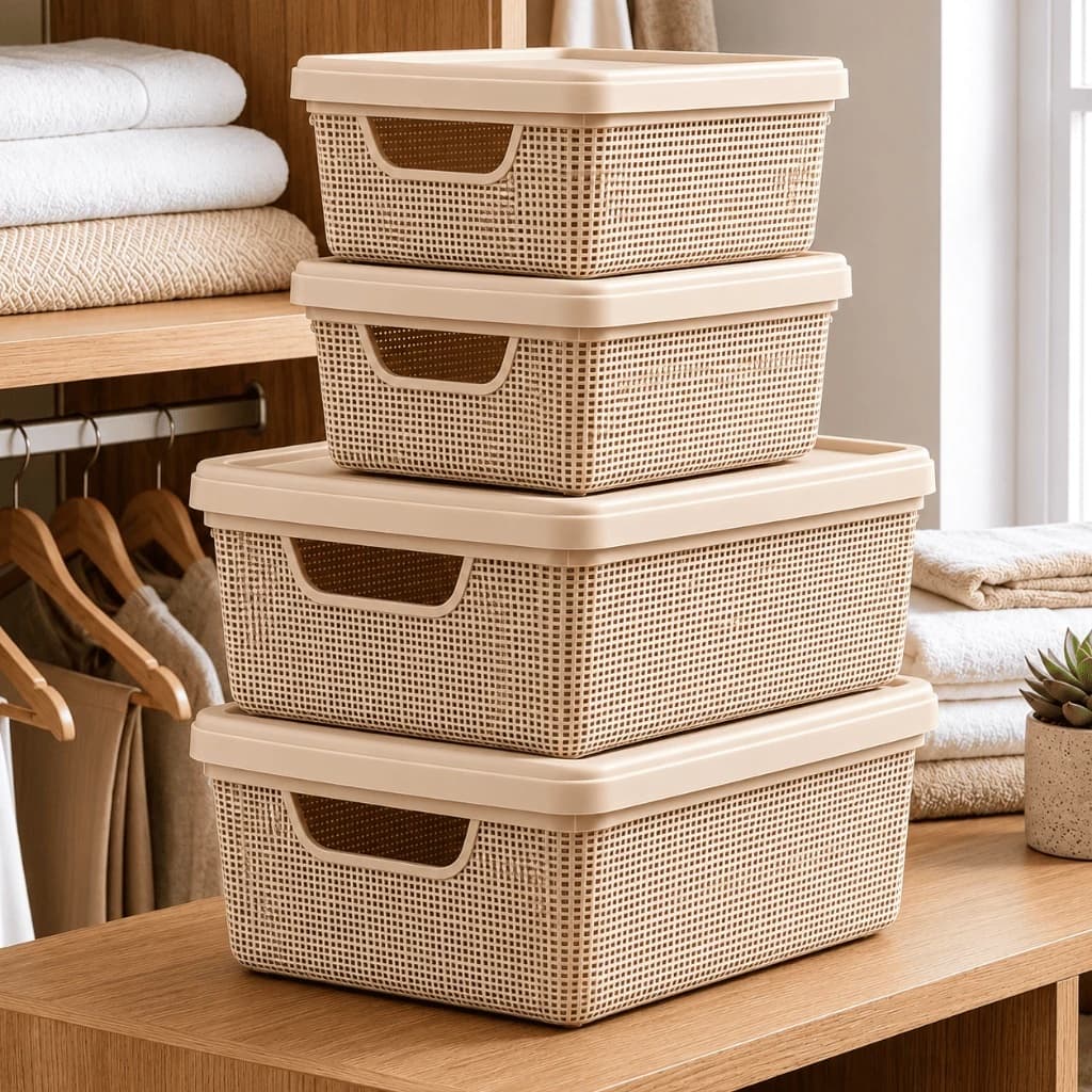 Caixa Organizadora com Tampa Cesto Grande em Plástico 1,8 Litros 5 Litros Kit com 4 Caixa Resistente
