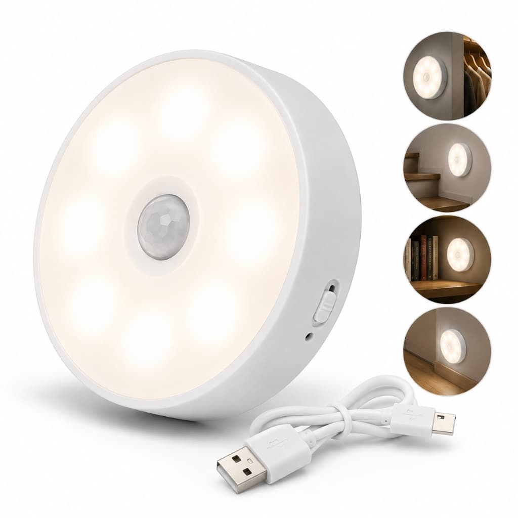 Luminária LED Recarregável com Sensor de Movimento USB Sem Fio 6 LEDs Luz Branca para Armário Closet Escada Corredor