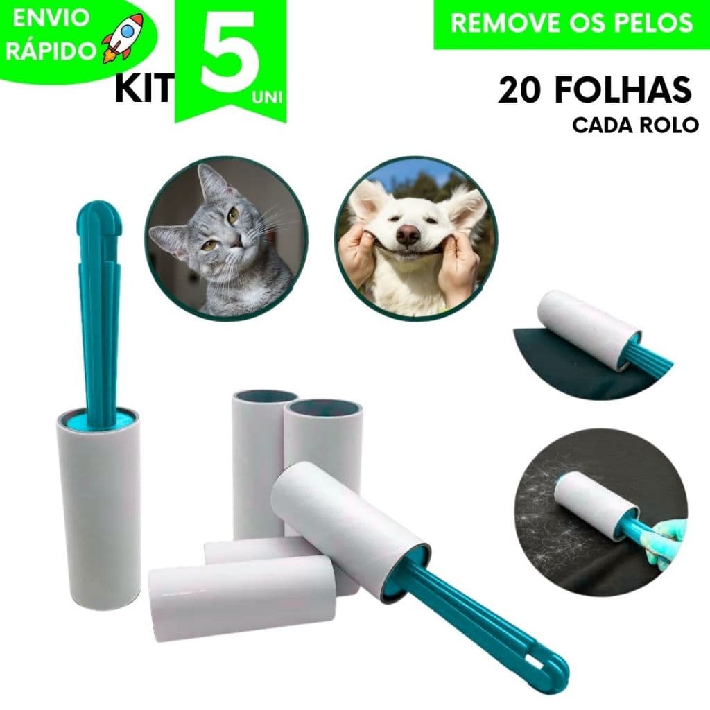 Kit Rolo Rolinho Tira Pelos e Plumas de Roupa e Sofá Adesivo 20 Folhas Descartáveis