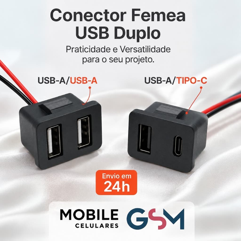 Conector Femea USB Duplo USB A + Tipo C - 5V - Sem Alimentação, Dois fios