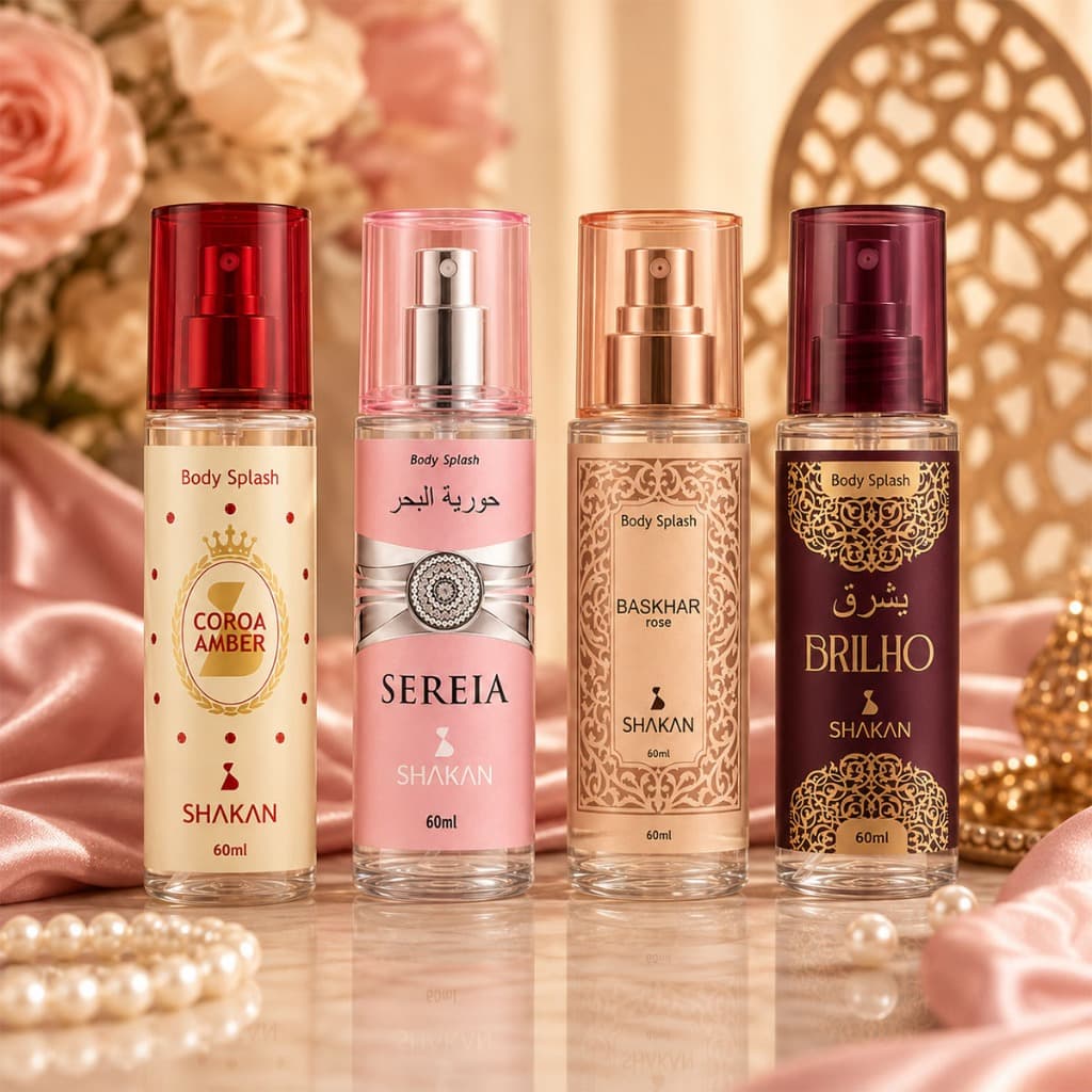 Kit Body Splash Feminino Arabe 60ml Shakan Coroa Amber Sereia Rubi Ametysta Presente Bolsa Ambarados