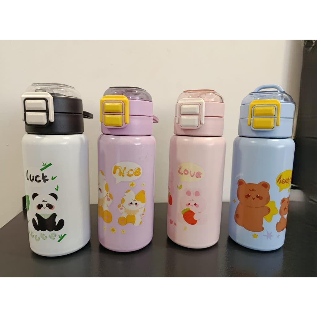 Garrafa Térmica infantil Personagens Água 520ml Aço Inox Criança Infantil Escola Creche c/ alça flexível tampa c/ trava