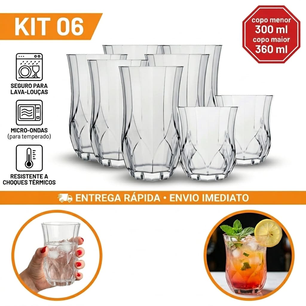 Kit Jogo De 12 copos , sendo 6 copos grandes e 6 copos pequenoVidros Temperado Opera Nadir Detalhado Bebida e Drinks