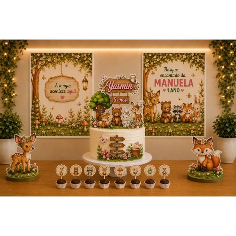 Kit Festa Bosque Encantado Personalizado Menina | 2 Posters + Topo de Bolo + 2 Displays de Mesa + Tags para Docinhos