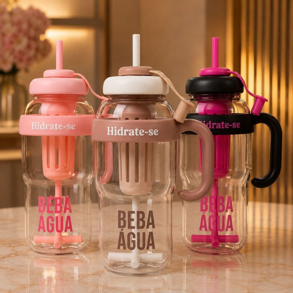Garrafa de água 1300ML com infusor de frutas grande alça canudo icecream beba agua