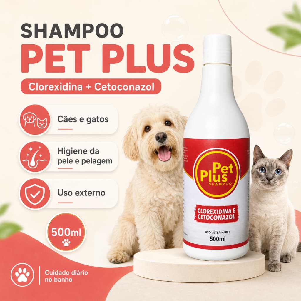 Shampoo Pet Plus Cetoconazol e Clorexidina 500ml Higiene para Cães e Gatos