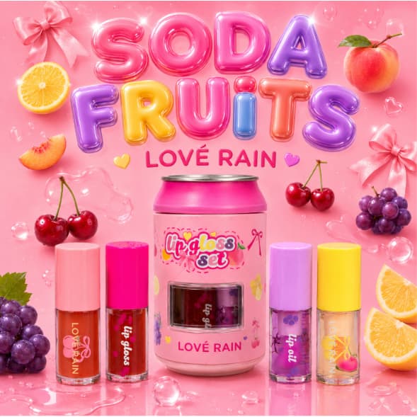 Lata Kit Gloss Lové Rain Soda Fruits 4 Sabores (Limão/Uva/Cereja/Pêssego) lábios com brilho e efeito gloss