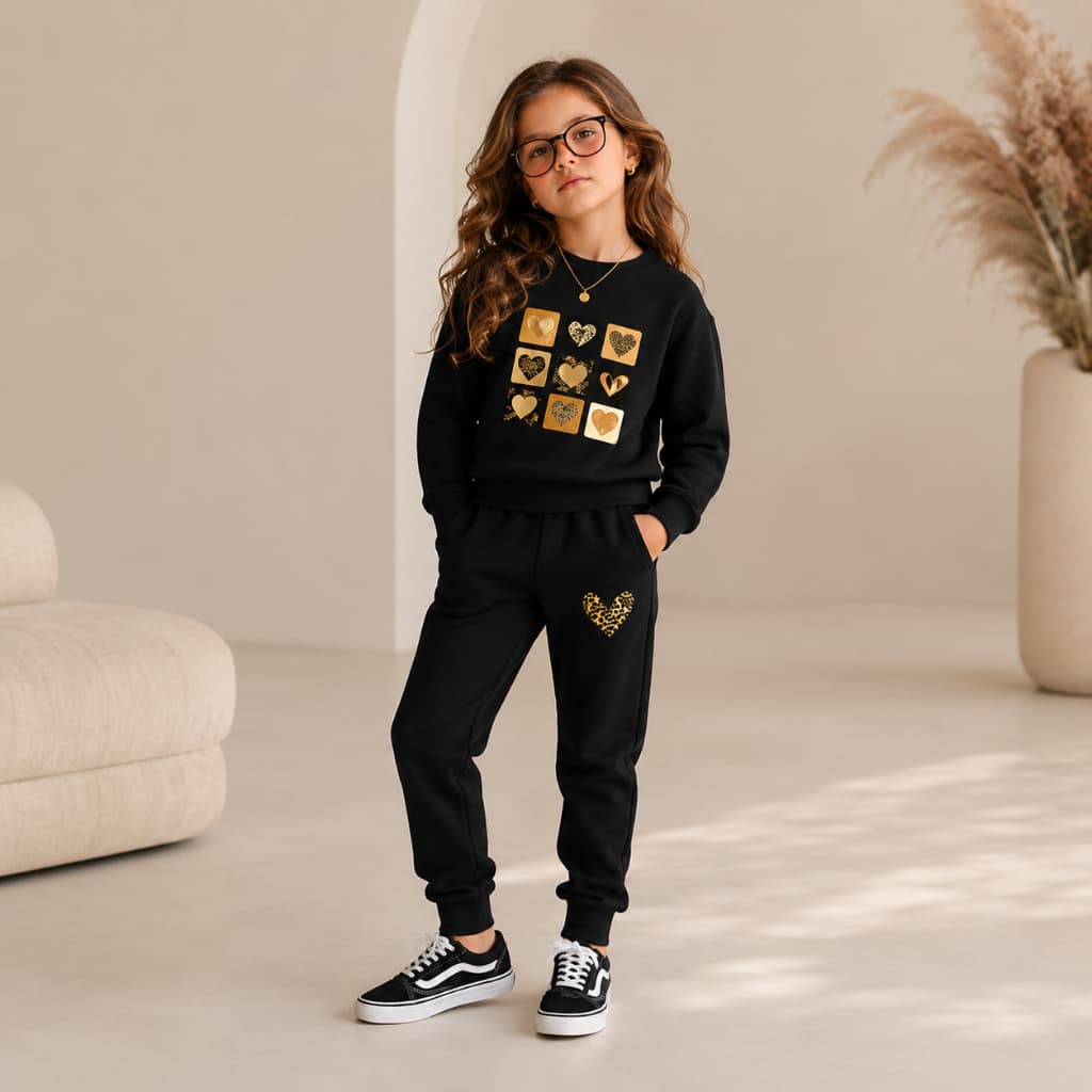 Conjunto Moletom Infantil Corações Agasalho Inverno Flanelado Fofo Menina Estiloso