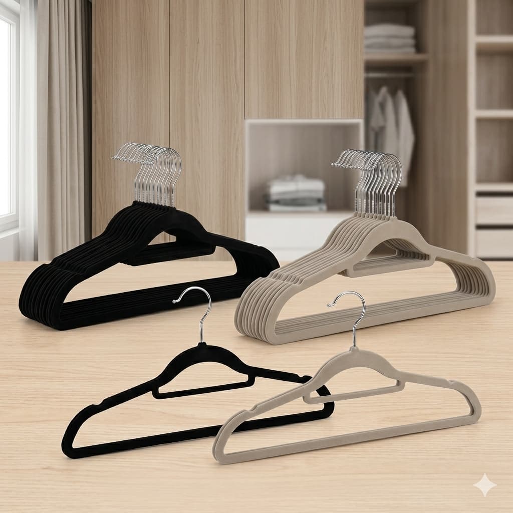 Kit 10 Cabides Slim Antideslizante Veludo Bege Armario Organizador Roupa
