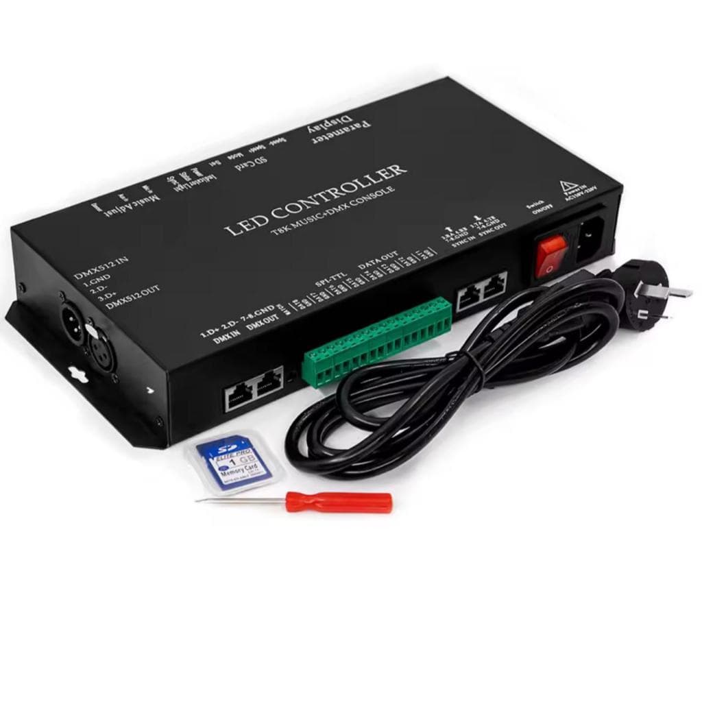 CONTROLADOR DE FITA LED RGB, CONSOLE T8K COM MÚSICA + DMX, 8 CANAIS, ENTRADA MICROFONE/AUXILIAR  CONTROLADOR DMX5 12.