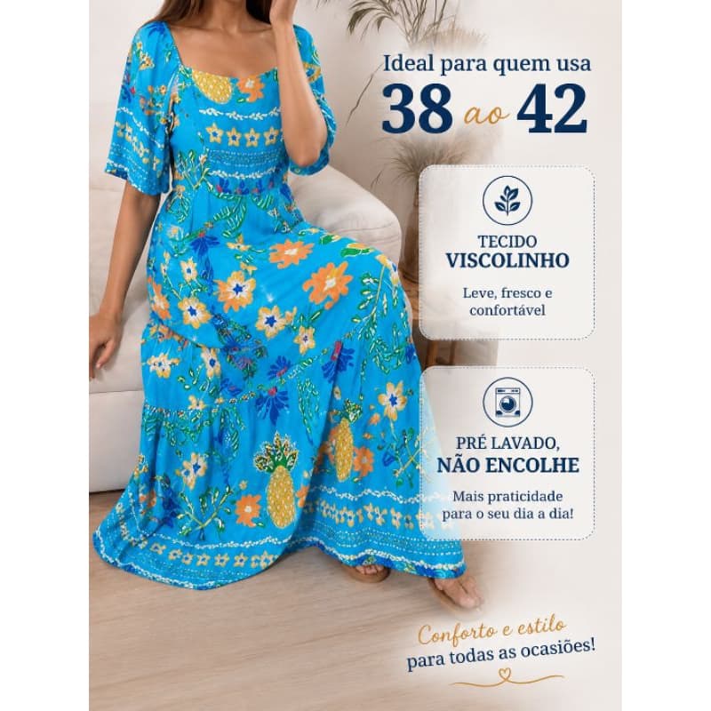 Vestido Longo Feminino Estampado Tropical Viscolinho Pré Lavado 38 ao 42