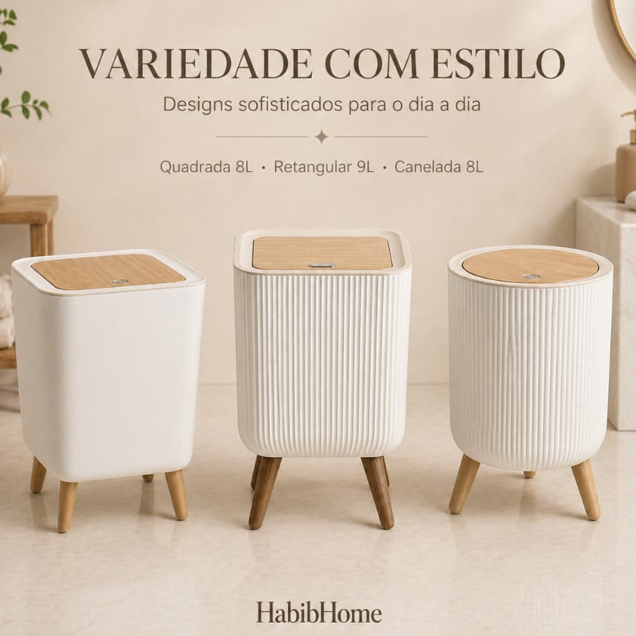 1️⃣Lixeira Decorativa Moderna | 8L e 9L com Tampa Click Bambu e Pés Simulam Amadeirado Design Clean