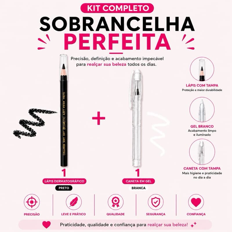 Kit Lápis Dermográfico + Caneta Gel branca Design Sobrancelha Profissional Use Naton
