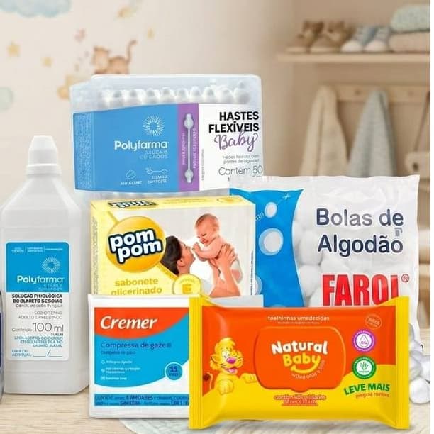 Kit Bebê Recem Nascido Maternidade Cuidados Em Casa 8 itens Cotonete+Soro+Gaze+Algodão+Lenço+sabonet
