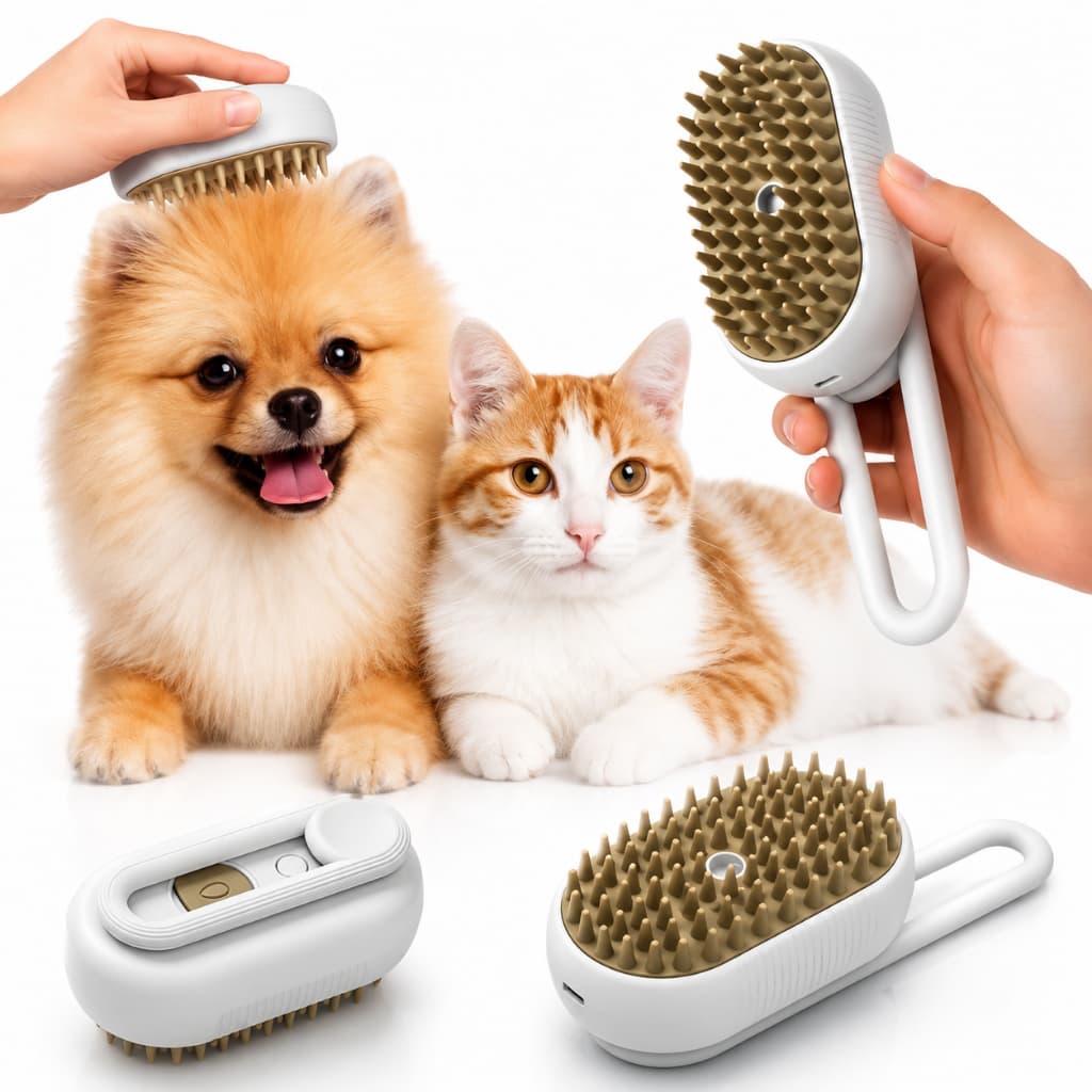 Escova a Vapor Elétrica 3 em 1 para Gatos e Cachorros Remove Pelos Recarregável USB