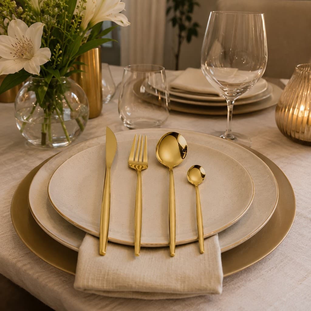 Conjunto de 24 Talheres de Aço Inoxidável Dourado Jantar Almoço