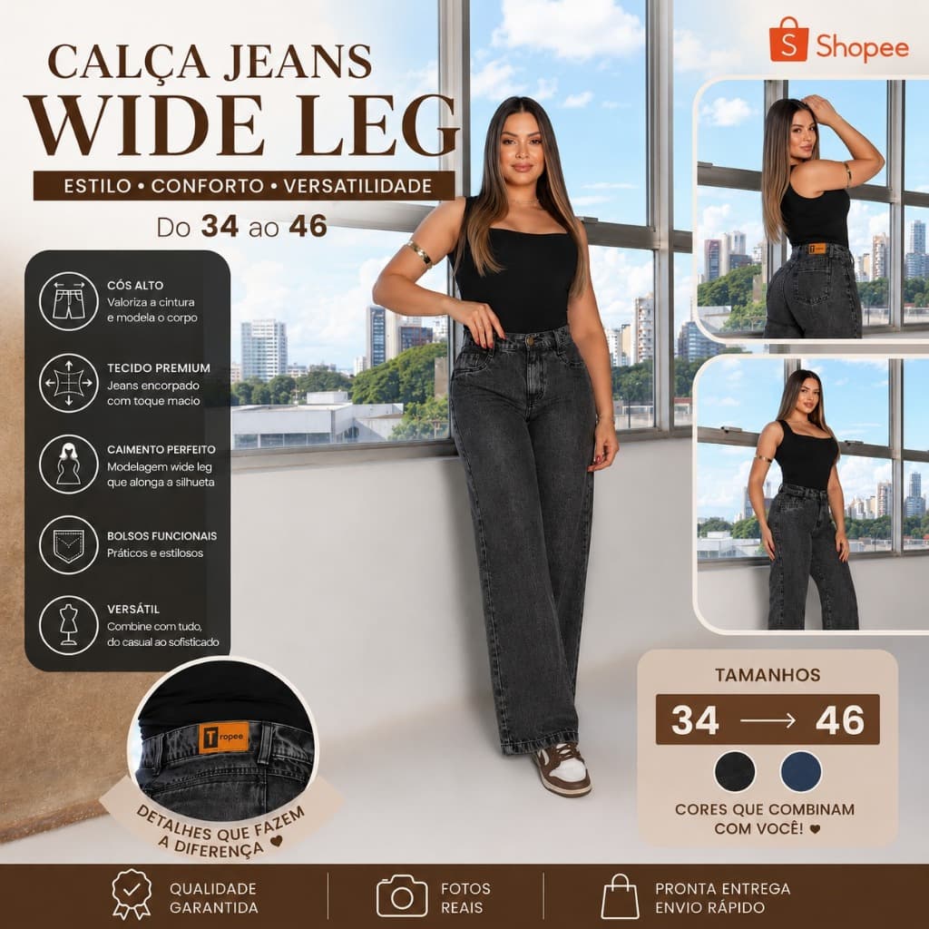 Calça Jeans Feminina Wide Leg Cintura Alta 100% Algodão