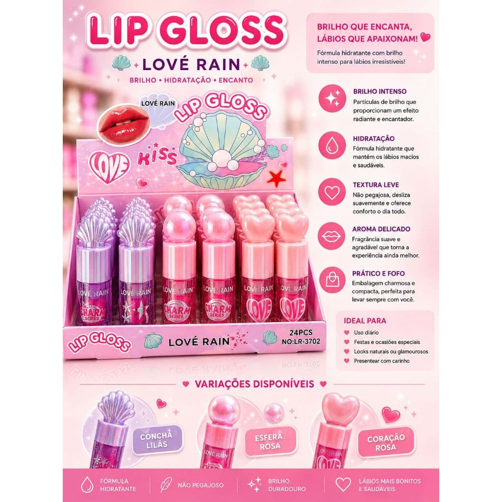 Lip Gloss Love Rain Brilho Intenso Hidratante Charm Series