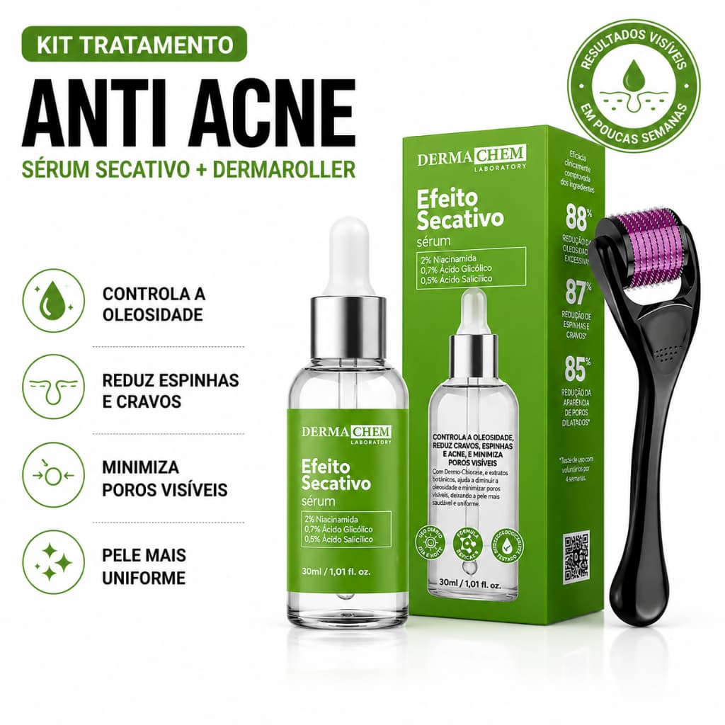 Kit Anti Acne Completo Dermaroller + Sérum Secativo Facial Controle de Espinhas Cravos e Oleosidade