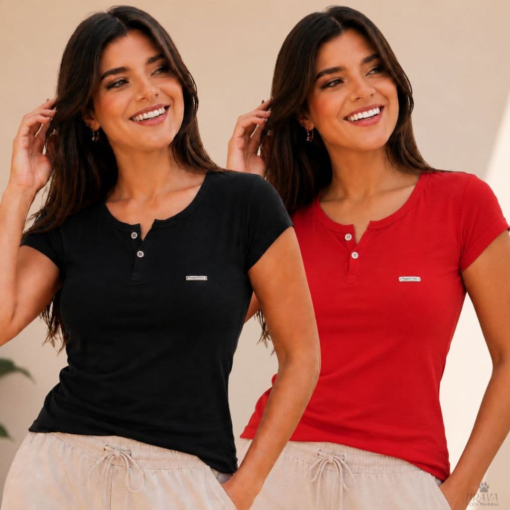 Kit Blusa Feminina Baby Look em Viscolycra com Botões Frontais Manga Curta Confortável e Elegante