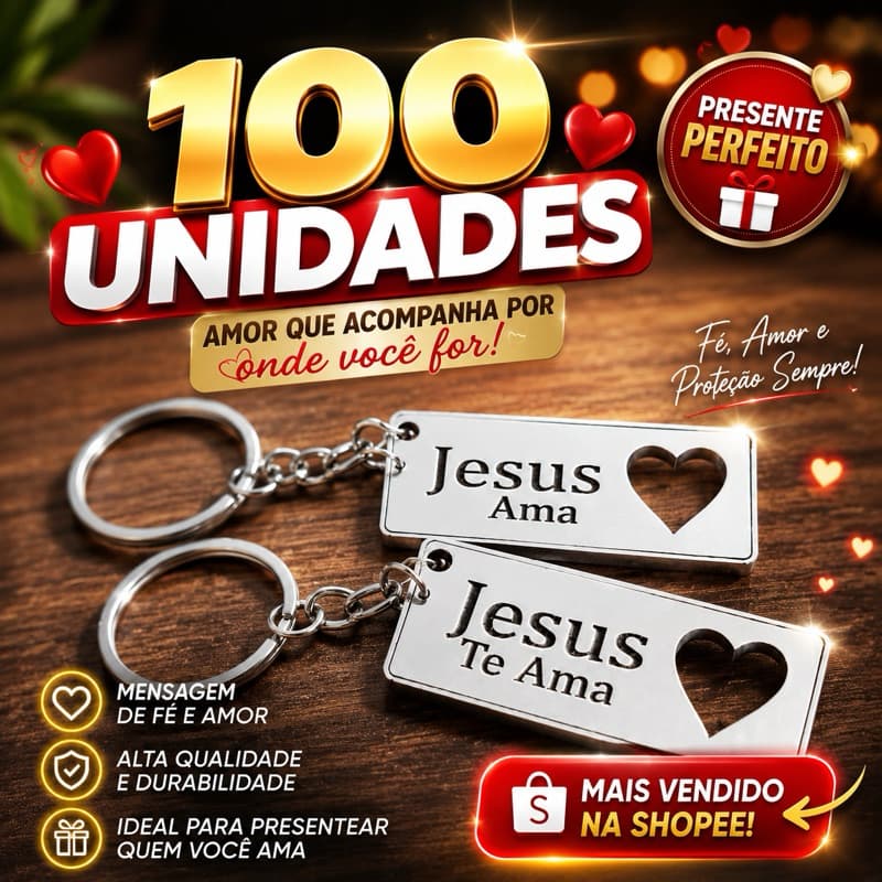 Kit Chaveiros Jesus te Ama com Coração Vazado em Mdf  Lembrancinha Religiosa Fé