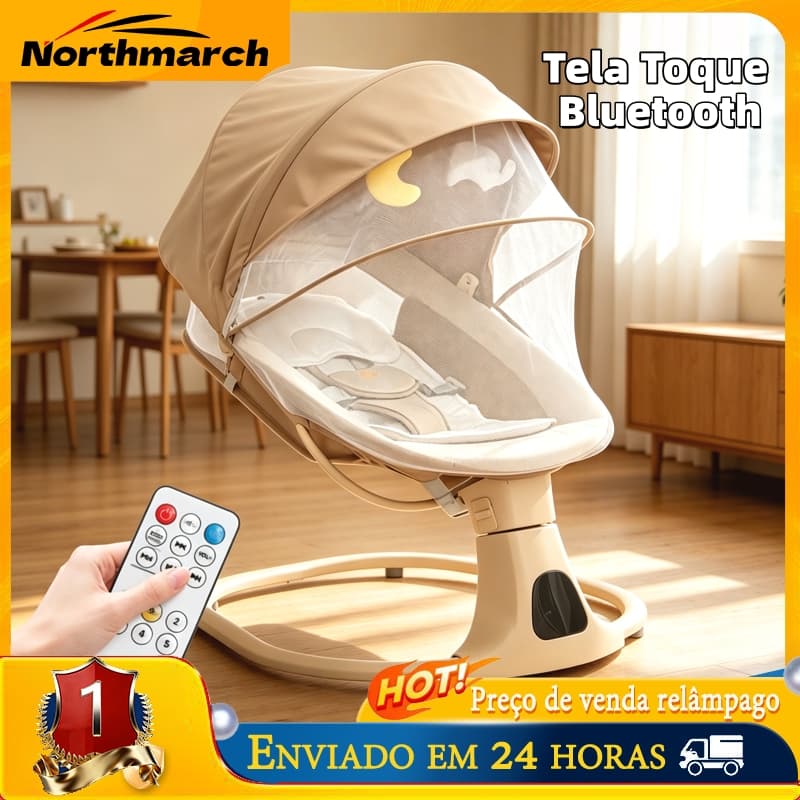 Balanço Elétrico para Bebê com Controle Remoto, Mosquiteiro, Tela Toque e Função Bluetooth