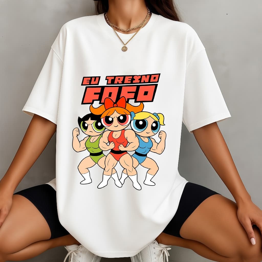 Camiseta 100% Algodão Feminina Powerpuff Girls Musculosas Frase Eu Treino Fofo Academia,Plus Size P ao G3