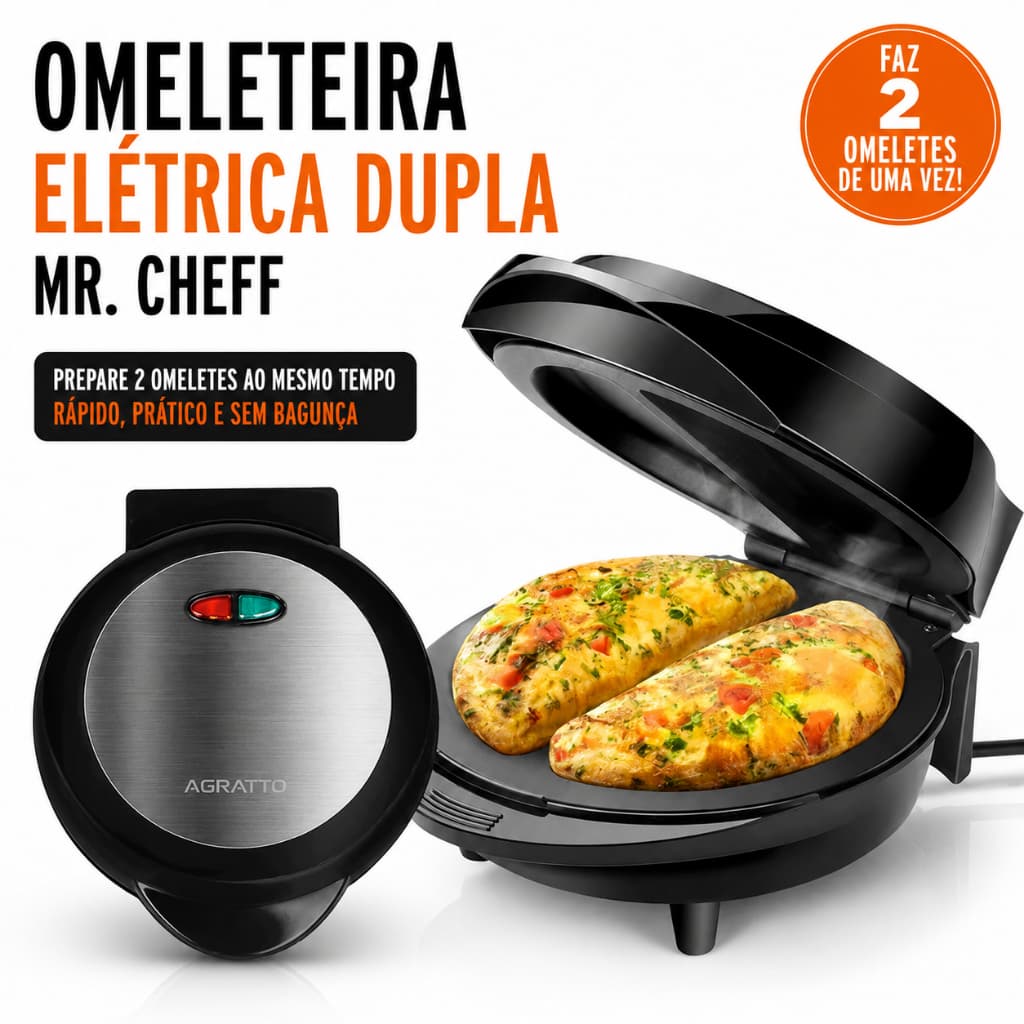 Omeleteira Elétrica Antiaderente Dupla 800W Agratto Mr Cheff Faz Omelete Panqueca Bolo Frigideira