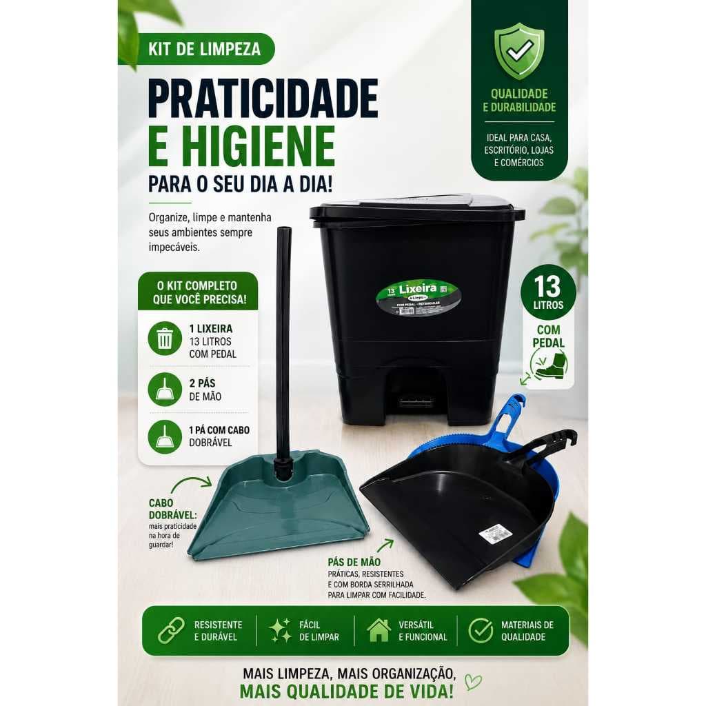 Kit de limpeza lixeira de 13 litros com pedal e 3 pá de mão