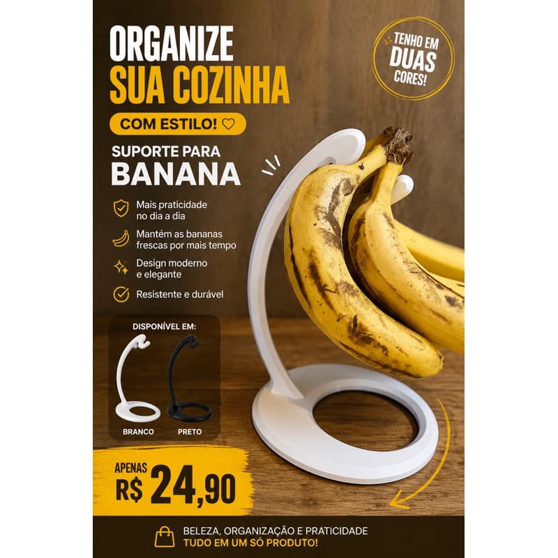 Suporte para Bananas Decorativo Organizador de Frutas para Cozinha Branco e Preto