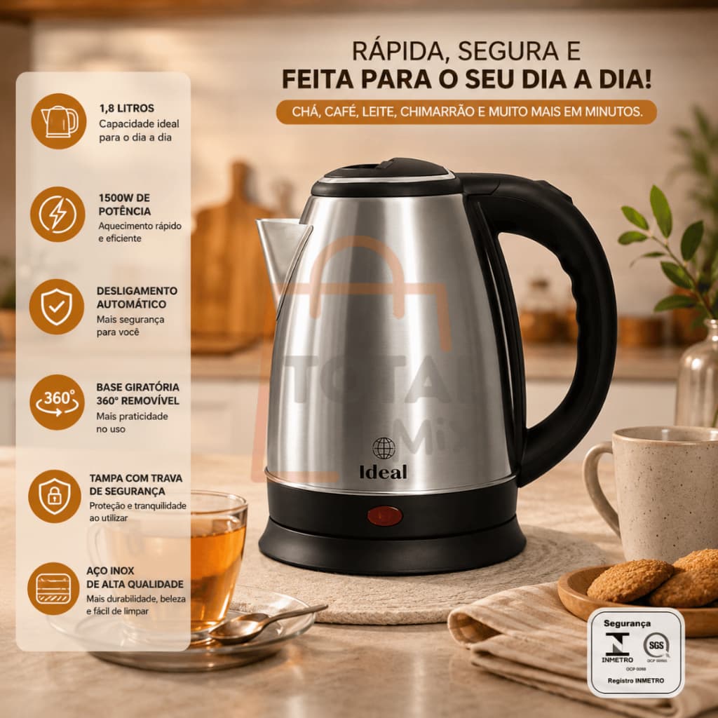 Chaleira Elétrica Inox 1,8L 1500W 220V Desligamento Automático Base 360°