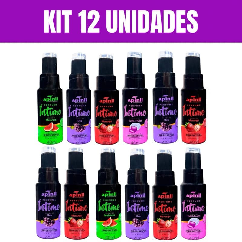 Perfume Íntimo Apinil 40ml Kit 12 Sem Álcool Irresistível Uva Tutti Melancia Aromatizador Feminino