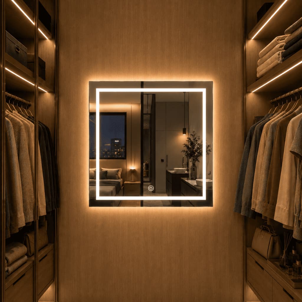 Espelho de Led com Touch Quadrado 50x50cm Espelho de Banheiro Lavabo Quarto Hall Espelho Maquiagem