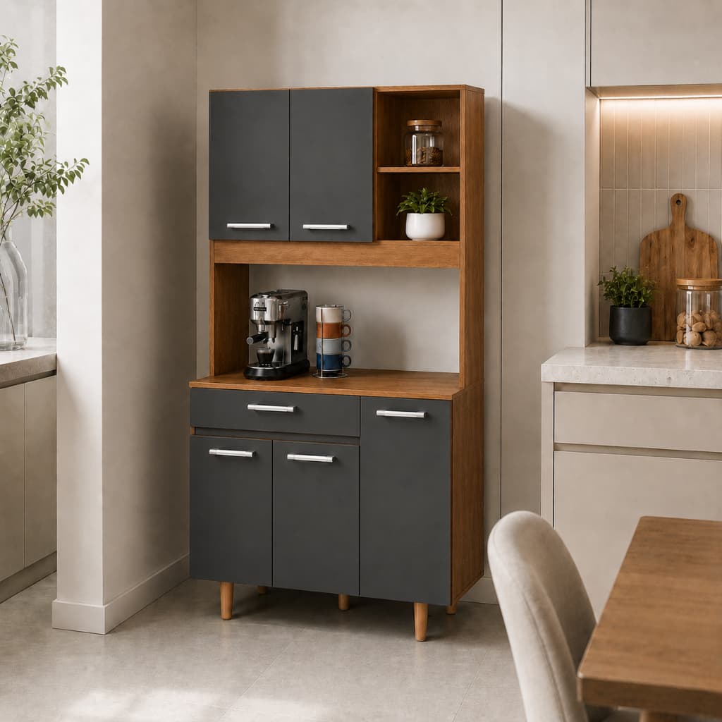 Armário de Cozinha 5 Portas 1 Gaveta Nicho Para Micro-ondas Branco Moderno