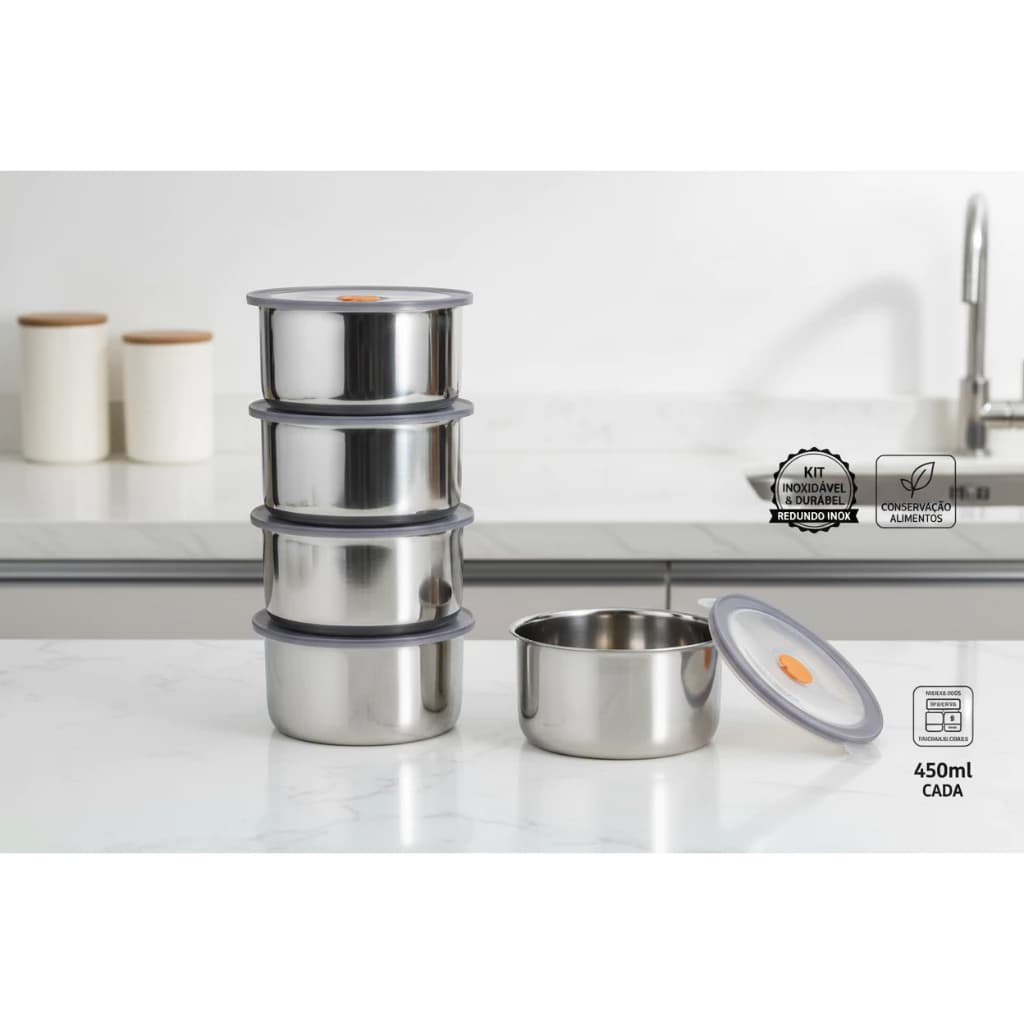 kit 4 Potes Hermeticos Inox Redondo 450ml Vedacao Segura Conservacao Alimentos pote