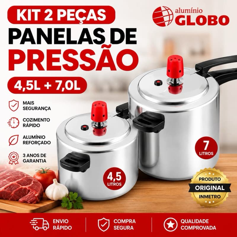 kit 2 Panelas de Pressão Globo 4,5L+ 7L Original INMETRO| Alumínio Reforçado| 3 Anos de Garantia