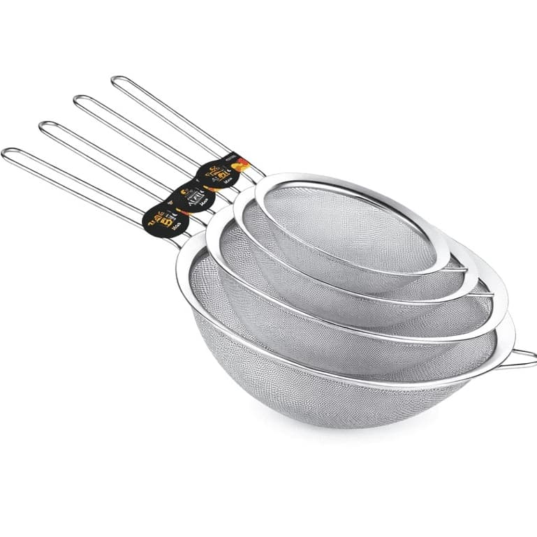 Kit 4 Peneiras Aço Inox Malha Fina 8cm 14cm 16cm 20cm Coador para Cozinha