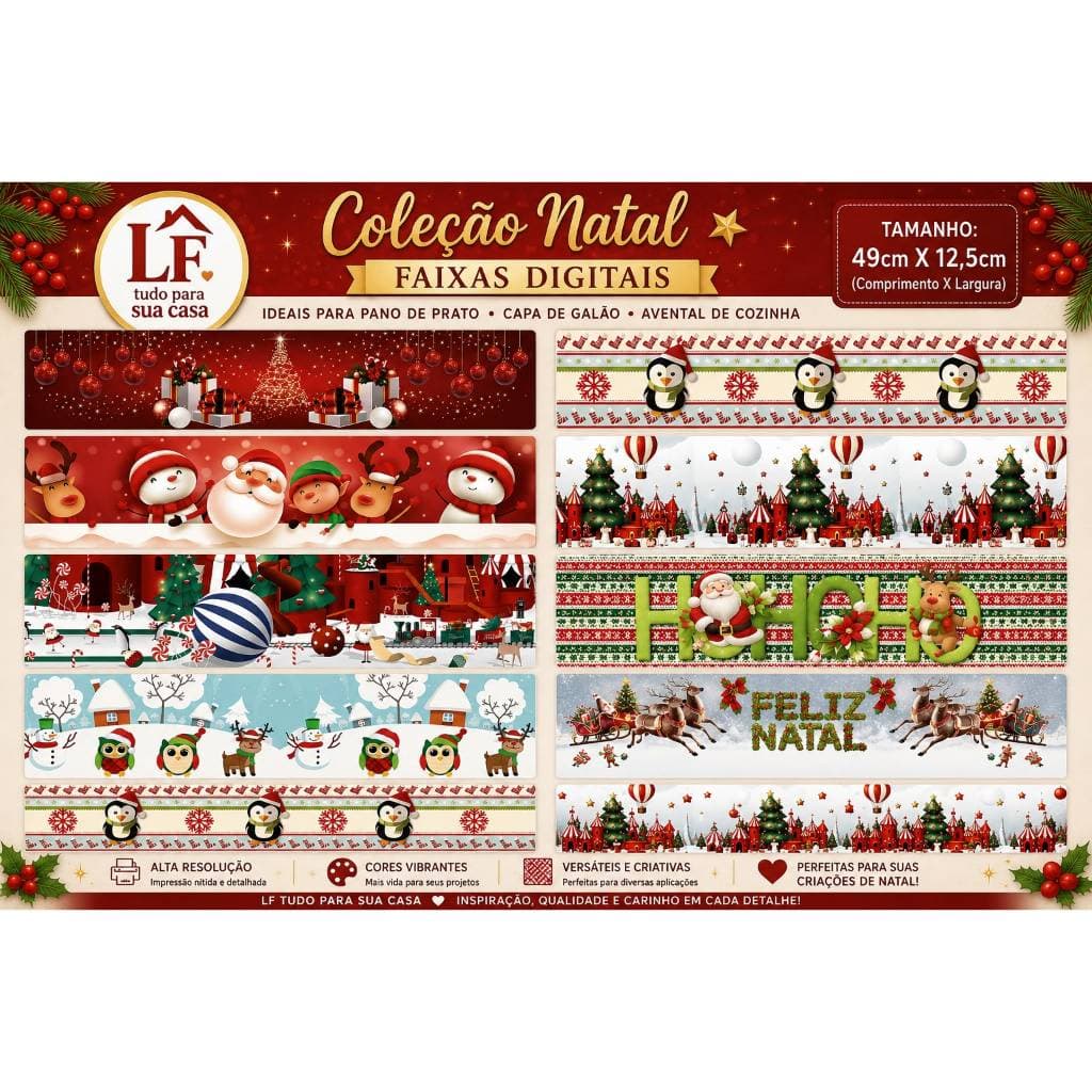 Kit c/16 Faixa Barrado Digital de Natal e ganhe +01 faixa de Brinde 49cm x 12cm largura para panos de prato e artesanato