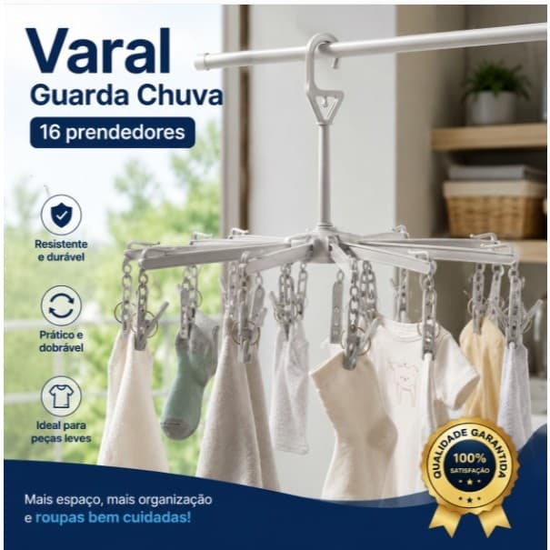 Varal Roupas Guarda Chuva 16 Prendedores Sortidos Compacto Resistente Baixo Espaço Economia Secagem Rápida